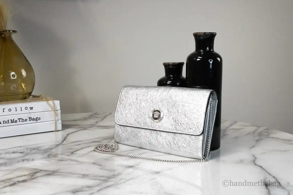 Versace Small Metallic Silver Lamb Leather Evening Clutch